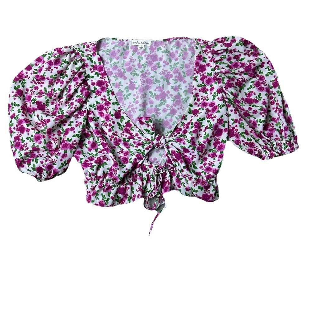 For Love & Lemons Womens S Crop Top Floral Puff Sleeve Smocked Hem Cottagecore - Picture 2 of 11